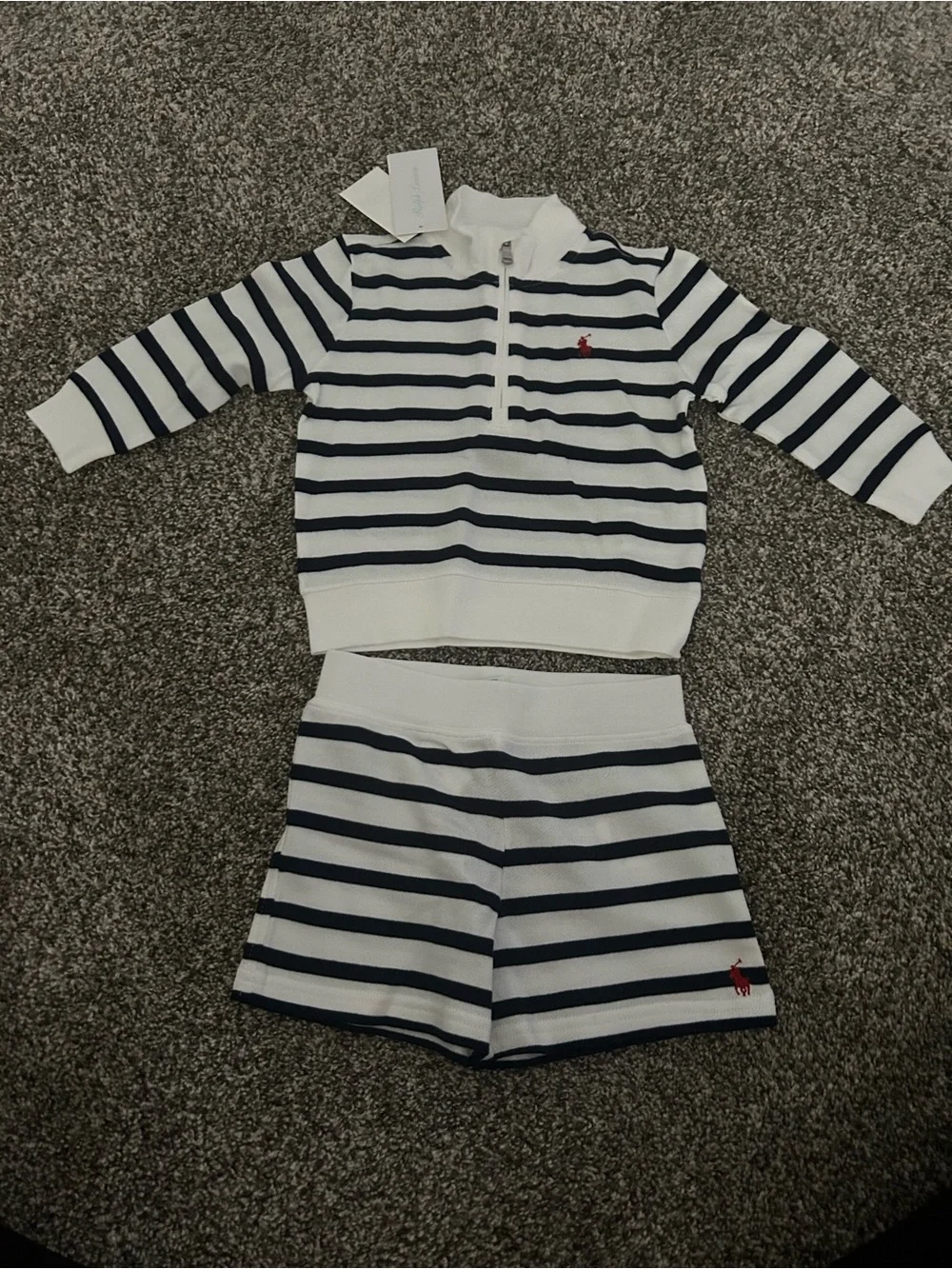 NWT! Polo by RL White & Navy Striped Knit Half-Zip Set. 18 months